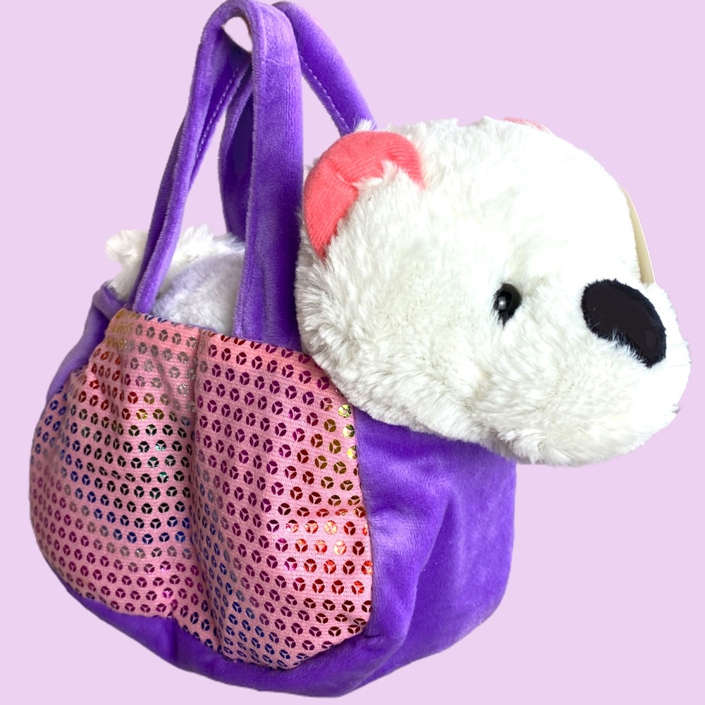 NWT Maltese Shih Tzu White Pup Sequined Small Kids' Tote Plush Toy with Carrier